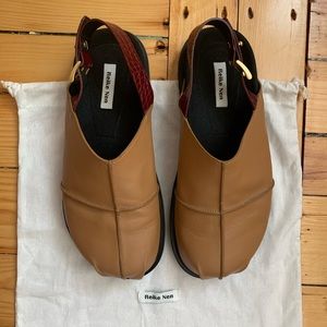 Reike Nen camel and wine leather farmer’s slippers